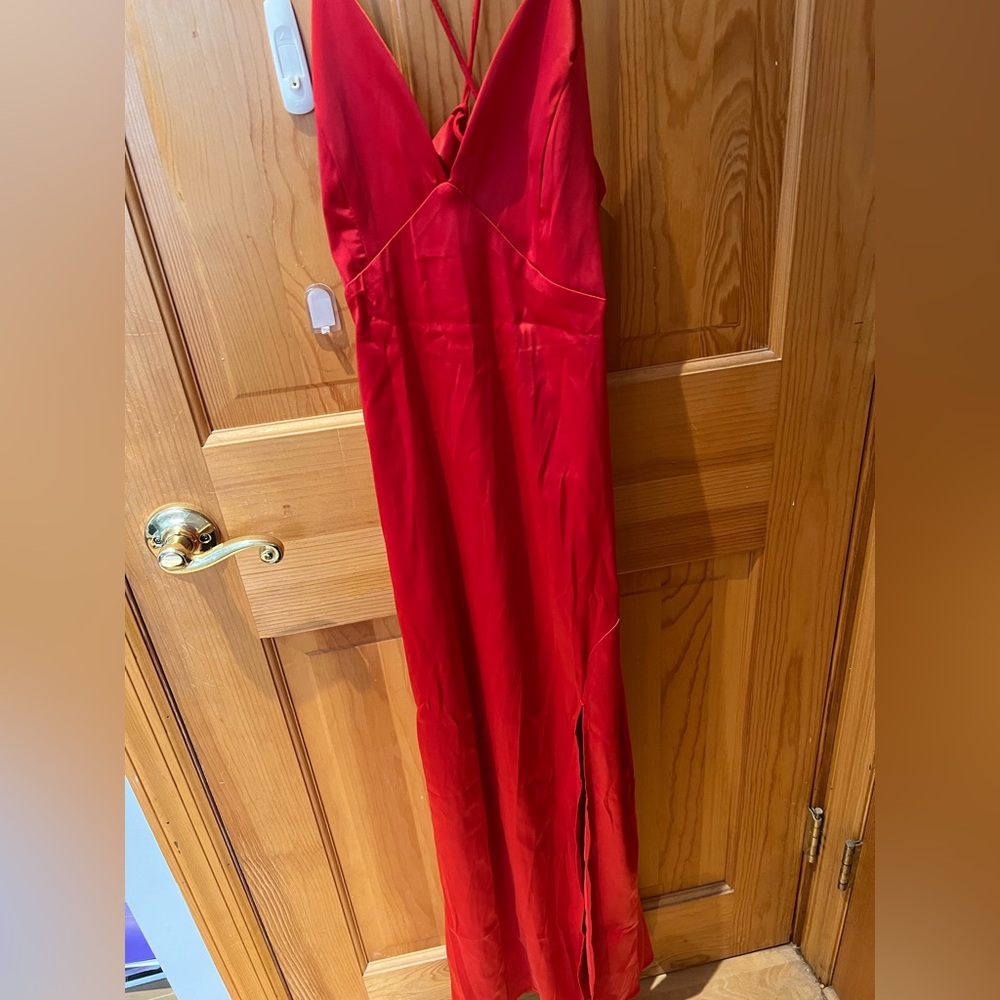 Red satin long dress with slit
